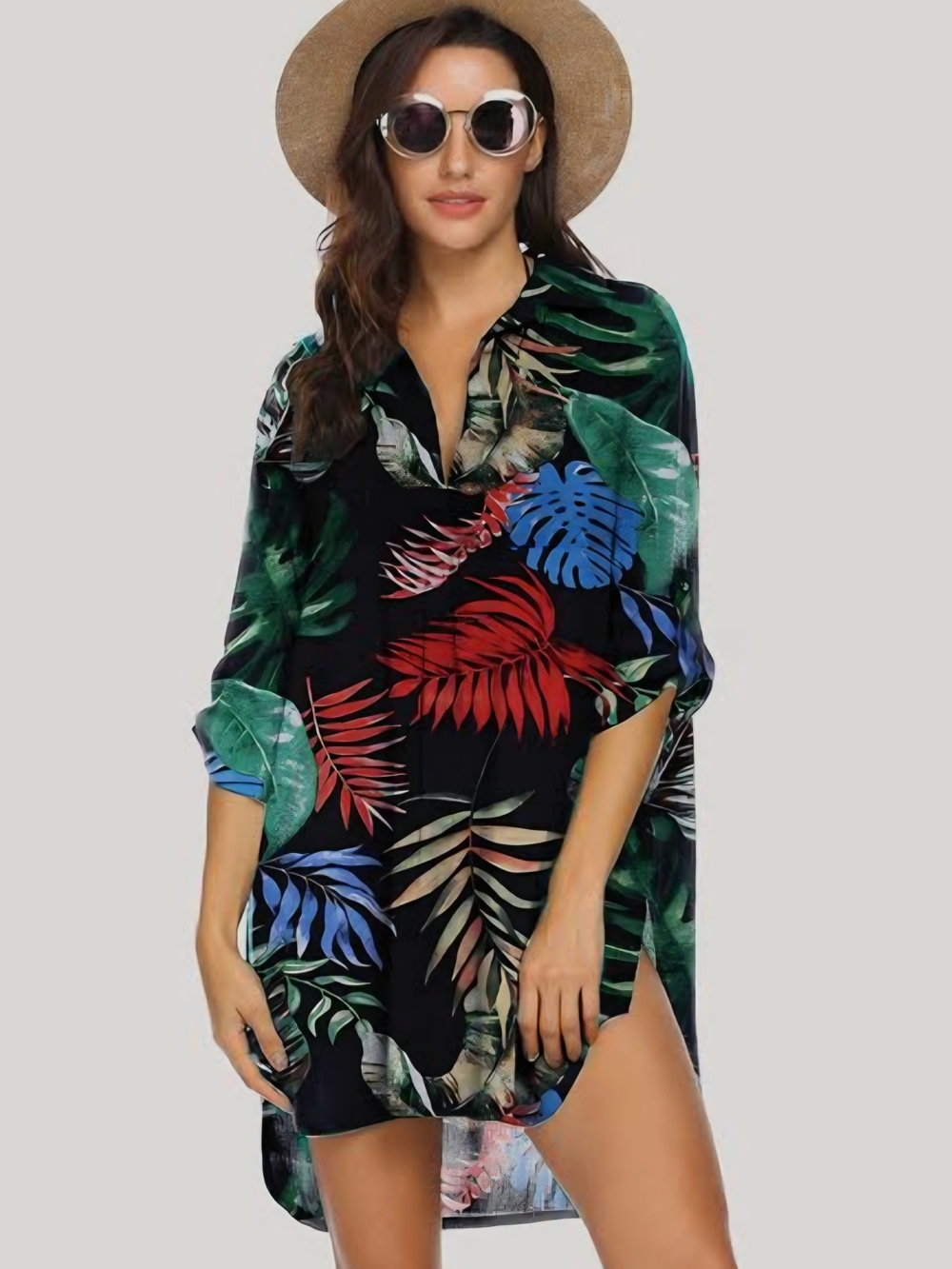 Black Tropical Leaf Swim Cover-Up Tunic